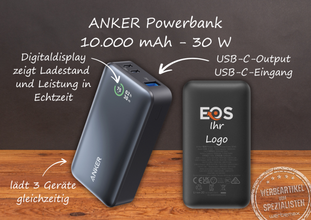 Anker Powerbank mit 10.000 mAh und 30 W, leistungsstark, ideal als hochwertiger Werbeartikel mit Logo für Mitarbeiter, Kunden und Prämien.
