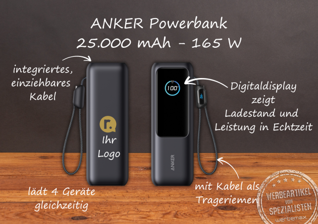 Anker Powerbank 25.000 mAh mit integriertem einziehbarem Kabel, Digitaldisplay und Logo-Fläche; zeigt Funktionen wie 165 W Leistung und 4 Ladeanschlüsse.