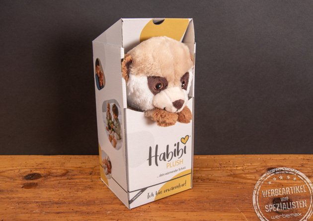 Wärmekissen Werbegeschenk Habibi Plush im Karton – kuscheliges Wärmekuscheltier mit Hirsefüllung und Verpackung mit Logo