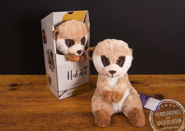 W&auml;rmekuscheltier mit Logo Habibi Plush Erdm&auml;nnchen &ndash; W&auml;rmekissen Mikrowelle Werbegeschenk mit Verpackung