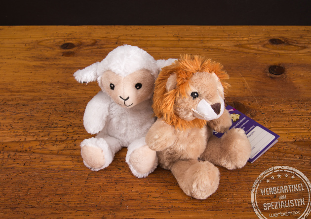 Habibi Plush W&auml;rmekuscheltiere Schaf und L&ouml;we &ndash; weiche Hirsekissen Werbegeschenke f&uuml;r Kinder und Erwachsene