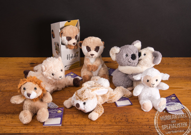 Habibi Plush Wärmekuscheltiere Sortiment – niedliche Wärmetiere mit Hirsefüllung als Werbegeschenke mit Logo