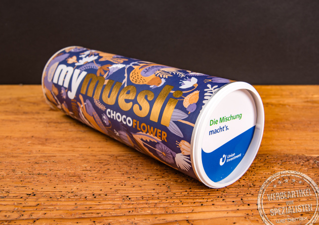 mymuesli Dose Choco Flower – personalisierbares Müsli als Werbegeschenk mit Markenaufdruck.