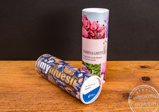 Zwei mymuesli Dosen &ndash; Choco Flower und Blumen & Garten &ndash; als stilvolle Werbegeschenke f&uuml;r Unternehmen.