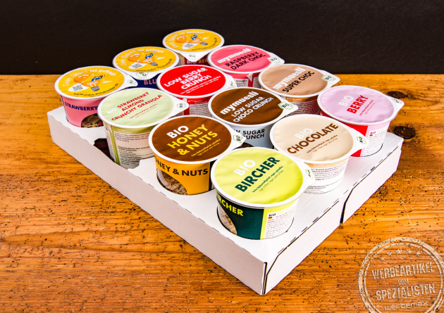 mymuesli M&uuml;sli to go Becher im Tray &ndash; ideal f&uuml;r B&uuml;roaktionen und Giveaways.