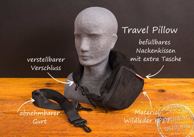 Reise Nackenkissen Produktvorteile – befüllbares Reisekissen aus Wildleder-RPET mit abnehmbarem Gurt und Logo-Option.