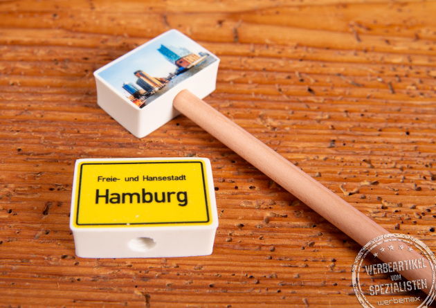 Aufsteckradiergummi Hamburg mit individuell bedruckbarem Rechteck-K&ouml;rper und Holzstift, ideal als Werbegeschenk f&uuml;r Kinder und Tourismus.