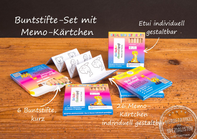 Werbegeschenke Ausmalset mit Buntstiften und individuell gestaltbaren Memokarten als hochwertiges Kinder-Giveaway.