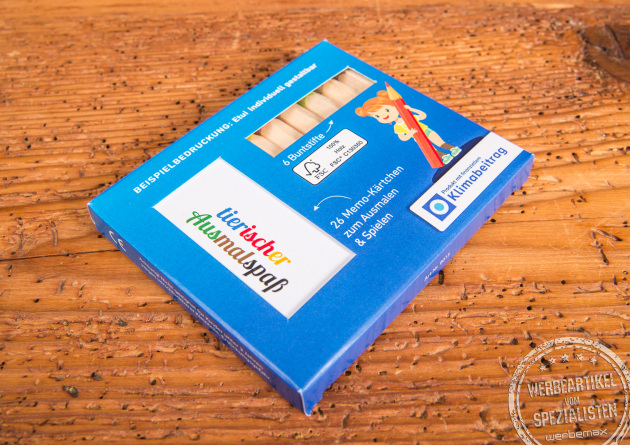 Günstiges Werbegeschenk Ausmalset mit Jumbo-Buntstiften und Memokarten als spielerisches Werbegeschenk für Kinder.