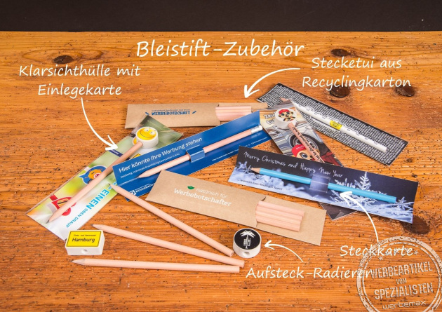 Bleistift Werbeartikel mit Zubehör wie Steckkarte, Klarsichthülle und Radierer als vielseitige Promotionsets.
