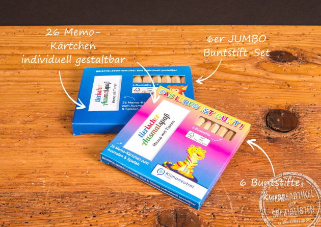Buntstifte Memo Set mit kurzen und Jumbo-Buntstiften für kreative Kinder-Werbegeschenke.
