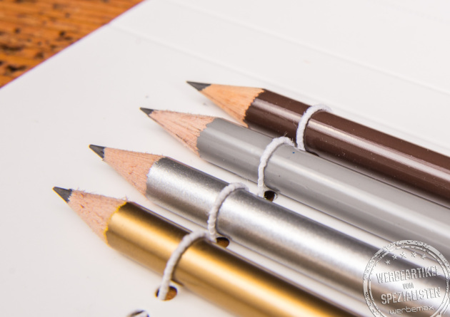 Bleistifte Werbeartikel in edlen Metallfarben wie Gold und Silber für hochwertige Markenpräsenz.