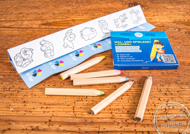 Buntstifte Memory Set mit Jumbo-Buntstiften und Memo-Kärtchen als Werbegeschenk für Kinder.