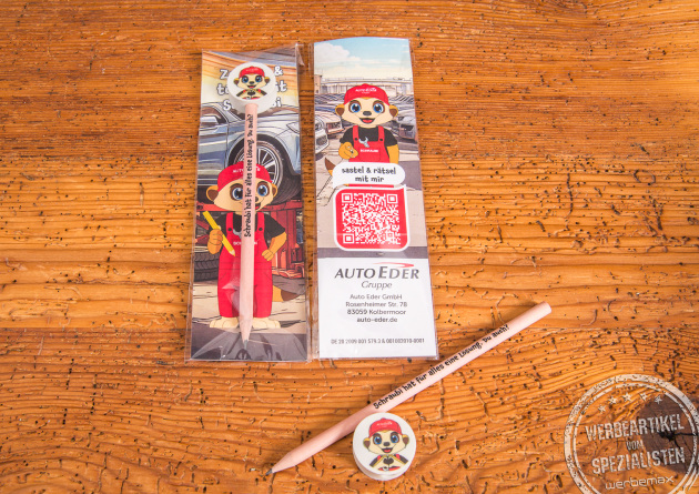 Aufsteckradierer individuell mit Bleistift und bedruckter Verpackung als kreatives Werbegeschenk für Kinder im Autohaus-Design.
