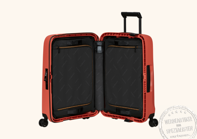 Samsonite Koffer Essens Handgepäck offen mit flexiblem Innenraum und herausnehmbaren Packwürfeln.