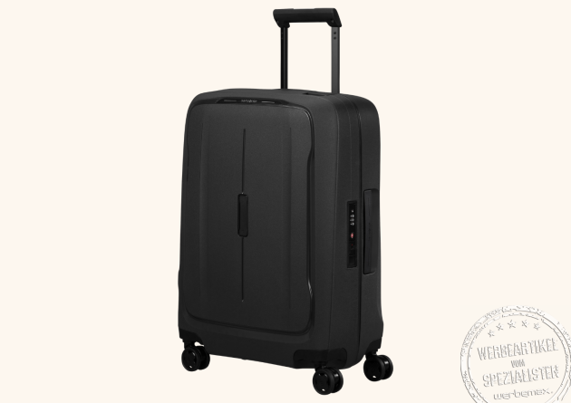 Samsonite Koffer Essens Schwarz als modernes Handgepäck mit 4 Rollen und stabilem Teleskopgriff.