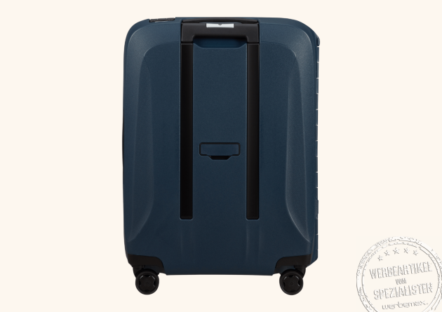 Samsonite Koffer Essens Blau mit rückseitigen Griffen und praktischer 4-Rollen-Konstruktion.