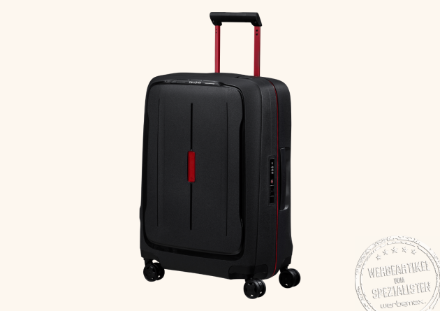 Samsonite Koffer Essens Schwarz-Rot als auffälliges Handgepäck mit farbigen Akzenten und TSA-Schloss.