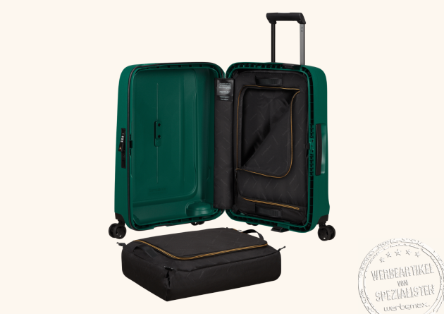 Samsonite Koffer Essens Grün offen mit herausnehmbaren Packwürfeln für maximale Organisation.