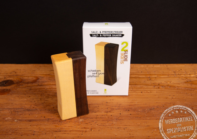2Slide! Salz- & Pfefferstreuer aus Holz mit Verpackung &ndash; stilvolles Design-Werbegeschenk aus Ahorn- und Walnussholz.