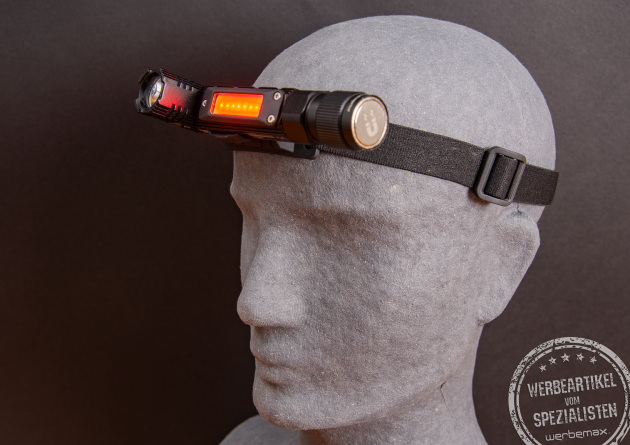 TROIKA ECO Knicklicht als Stirnlampe mit elastischem Band – wiederaufladbare LED-Taschenlampe mit Logo als praktischer Werbeartikel für Outdoor, Handwerk und Sicherheit.