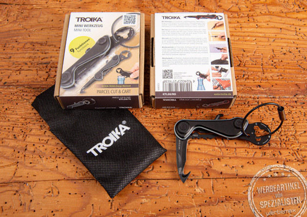 TROIKA Mini Werkzeug PARCEL CUT & CART mit Verpackung und Tasche – Minitool mit neun Funktionen als Werbegeschenk