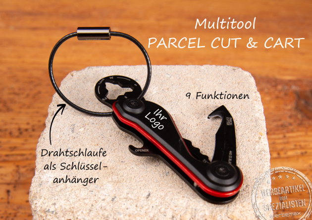 TROIKA Multitool PARCEL CUT & CART mit Gravurfl&auml;che f&uuml;r Logo &ndash; Minitool mit 9 Funktionen als Werbegeschenk