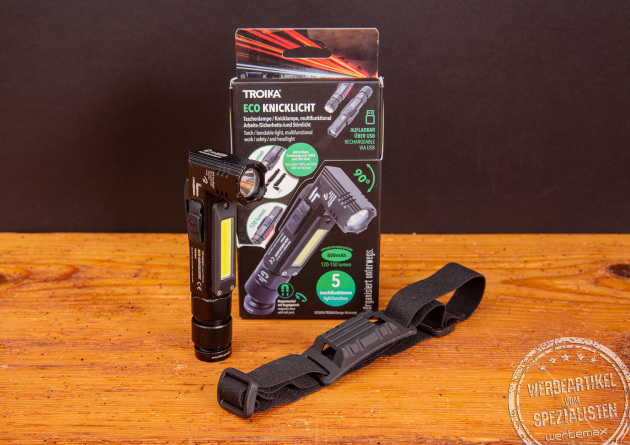 TROIKA ECO Knicklicht mit Verpackung und Stirnband – multifunktionale, wiederaufladbare LED-Taschenlampe mit Logo als nachhaltiger Werbeartikel für Handwerk, Outdoor und Sicherheit.
