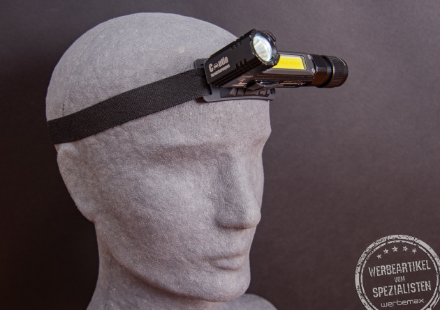 TROIKA ECO Stirnlampe mit elastischem Band – wiederaufladbare Knicklampe mit COB-LED, ideal als praktisches Werbegeschenk mit Logo für Outdoor und Arbeitsbeleuchtung.