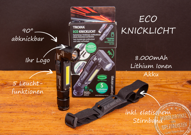 TROIKA ECO Knicklampe – 90° abwinkelbare LED-Taschenlampe mit 5 Leuchtfunktionen, 800 mAh Akku und elastischem Stirnband, individuell mit Logo veredelbar als Werbegeschenk.