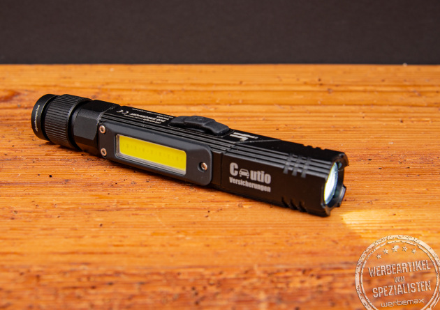 TROIKA ECO Knicklicht mit hellweißem LED-Licht – wiederaufladbare Taschenlampe mit COB-Technologie und Logo, als hochwertiger Werbeartikel für Handwerk und Outdoor.