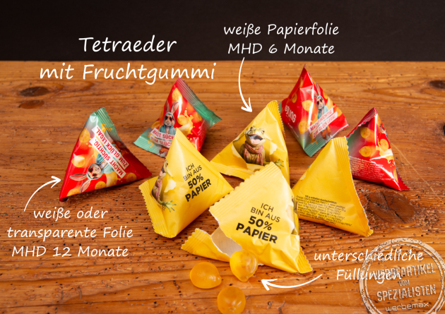 Tetraeder-Verpackungen mit Fruchtgummi, wahlweise Folie oder Papierfolie, als auff&auml;llige Werbeartikel-Giveaways.