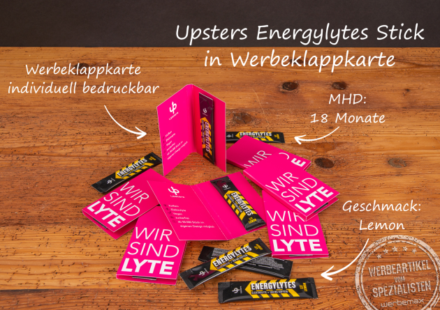 Upsters Energylites Stick in individuell bedruckbarer Werbeklappkarte als Streuartikel &ndash; Elektrolyt-Stick Lemon, 18 Monate haltbar, ideal als Werbegeschenk oder Promotionartikel.