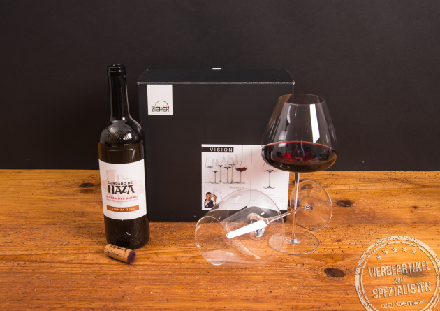 Weingläser Set Zieher Vision mit Rotwein im Balanced-Glas als exklusives Geschenk für Weinliebhaber.