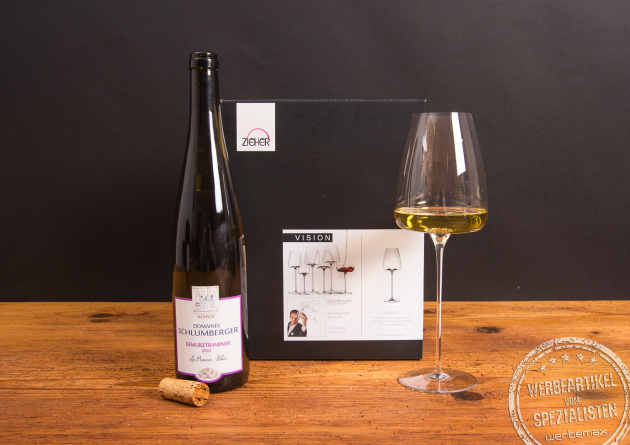 Weinglas Zieher Vision Straight mit Weißwein als stilvolles Werbegeschenk für Genießer.