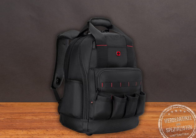 Wenger Tool Backpack Advanced in der Frontansicht mit Außentaschen und Werkzeugfächern – robuster Business- und Werkzeugrucksack für Handwerker und Technik-Profis.