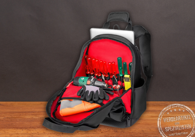 Offener Wenger Tool Backpack Advanced mit Werkzeugfächern, Schraubenziehern, Handschuhen und gepolstertem Laptopfach – hochwertiger Werkzeugrucksack für Handwerker.