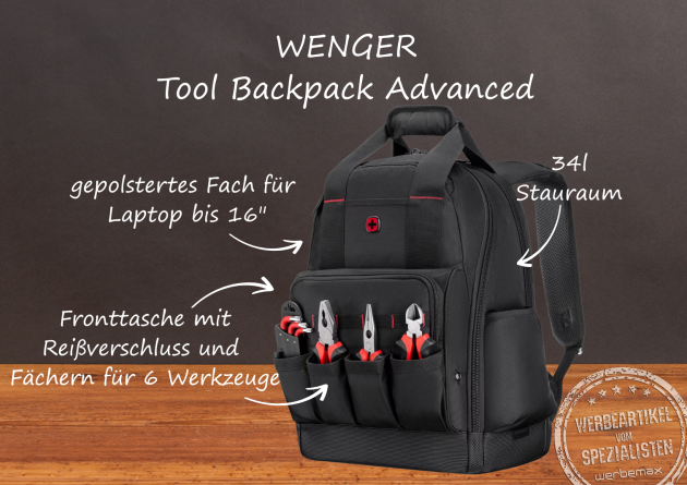 Wenger Tool Backpack Advanced mit 34 Litern Stauraum, gepolstertem 16-Zoll-Laptopfach und Fronttasche für sechs Werkzeuge – visualisierte Produktfeatures.