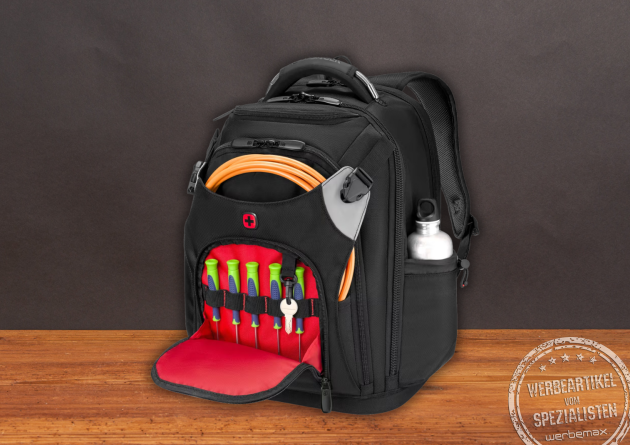 Wenger Tool Backpack Pro mit geöffnetem Werkzeugfach, Schraubenziehern, Schlüsselhalter und Kabel – professioneller Werkzeugrucksack für Techniker und Handwerker.