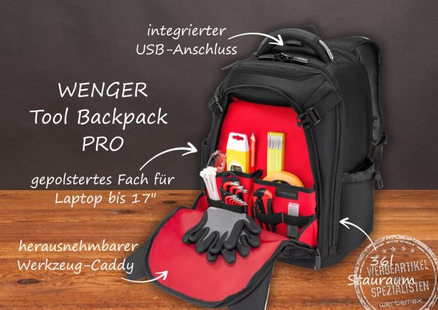 Offener Wenger Tool Backpack Pro mit 36 Litern Stauraum, gepolstertem 17-Zoll-Laptopfach, integriertem USB-Anschluss und herausnehmbarem Werkzeug-Caddy.