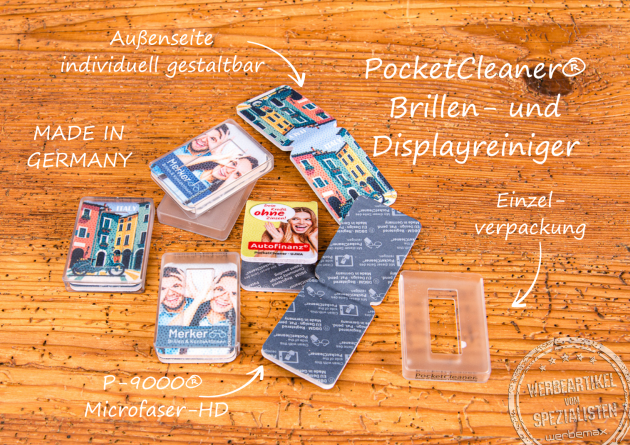 PocketCleaner mit Logo als faltbares Brillenputztuch und Displayreiniger, ideal als hochwertiger Werbeartikel.