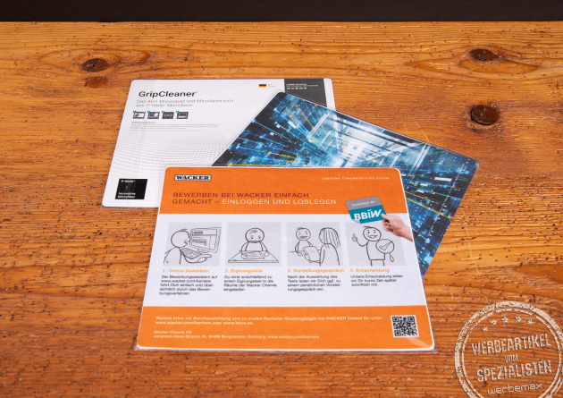 Polyclean GripCleaner Mousepad in Einzelverpackung, bedruckt als hochwertiges Werbegeschenk mit Logo.