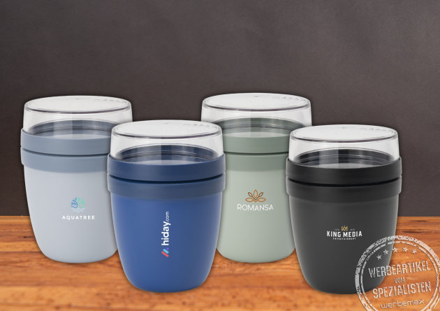 Vier Mepal Lunchpot Ellipse Behälter in unterschiedlichen Farben mit individuellem Firmenlogo, ideal als bedruckbarer Werbeartikel für Snacks, Joghurt oder Lunch to go.