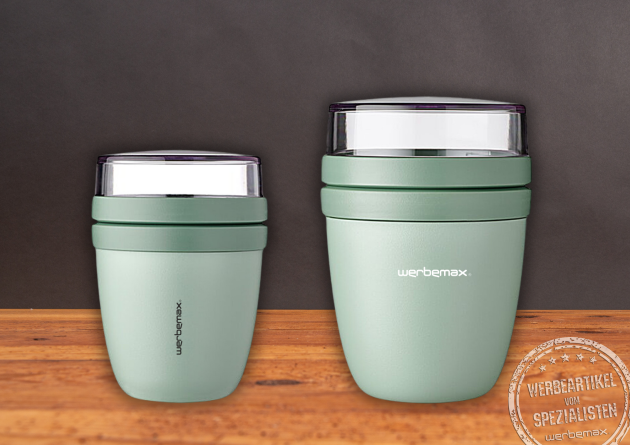 Zwei grüne Mepal Lunchpot Ellipse Behälter in unterschiedlichen Größen mit werbemax Logo, ideal als individuell bedruckbare Werbeartikel für Lunch und Snacks.