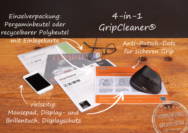 4-in-1 Polyclean GripCleaner als Mousepad, Displaytuch und Werbegeschenk mit Logo, mit Anti-Rutsch-Dots.