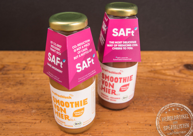 Kraftschluck Smoothie Flaschen mit Werbebanderole &ndash; Smoothie mit Logo als nachhaltiger Werbeartikel f&uuml;r Unternehmen