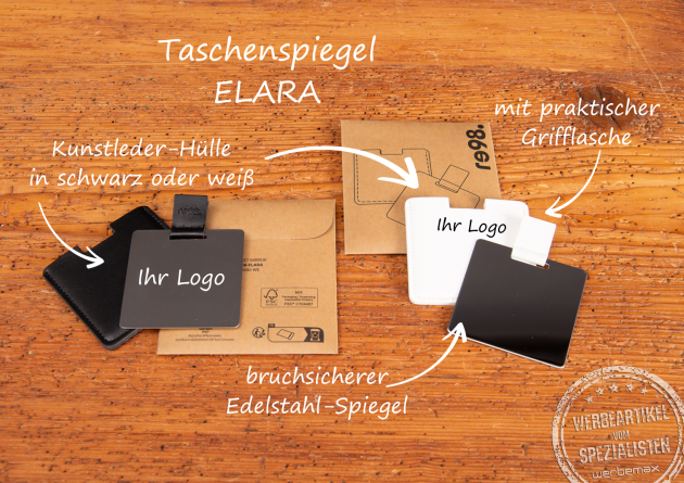 Taschenspiegel mit Logo in Schwarz und Weiß, bruchsicherer Edelstahlspiegel als attraktives Giveaway.