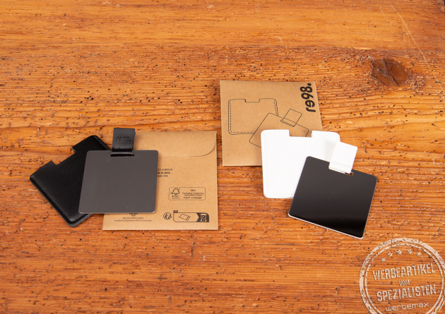 Taschenspiegel personalisiert mit Logo und Hülle, moderner Kosmetikspiegel als elegantes Werbegeschenk.