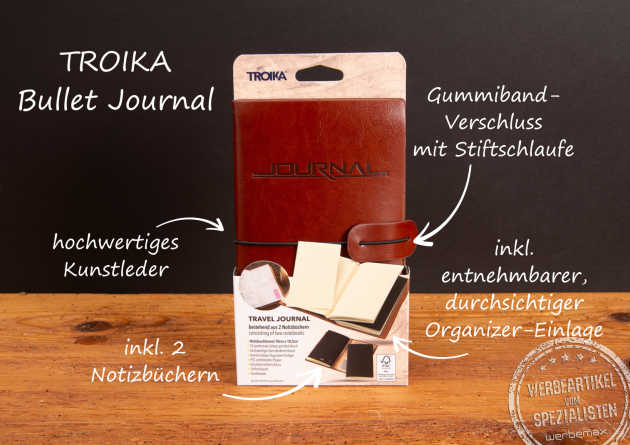 Troika Bullet Journal Verpackung mit Kunstleder-Einband, Stiftschlaufe und austauschbaren Notizheften, hochwertiges Werbegeschenk mit Logo.