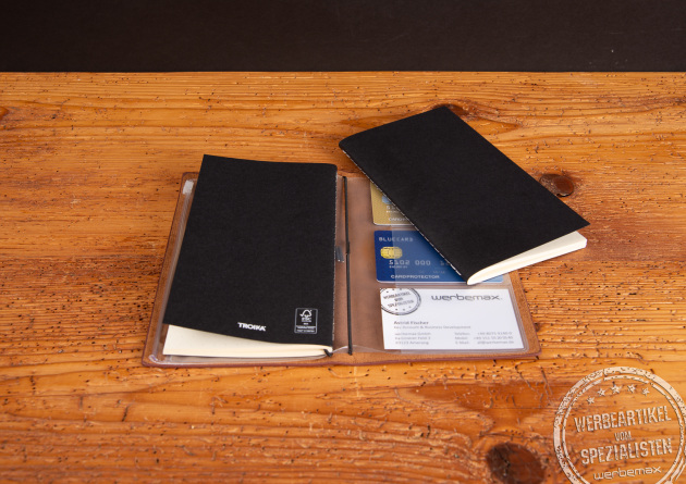 Troika Bullet Journal mit herausnehmbaren Notizbüchern und Kartenfächern, hochwertiges Notizbuch mit Logo für Kunden und Mitarbeitende.